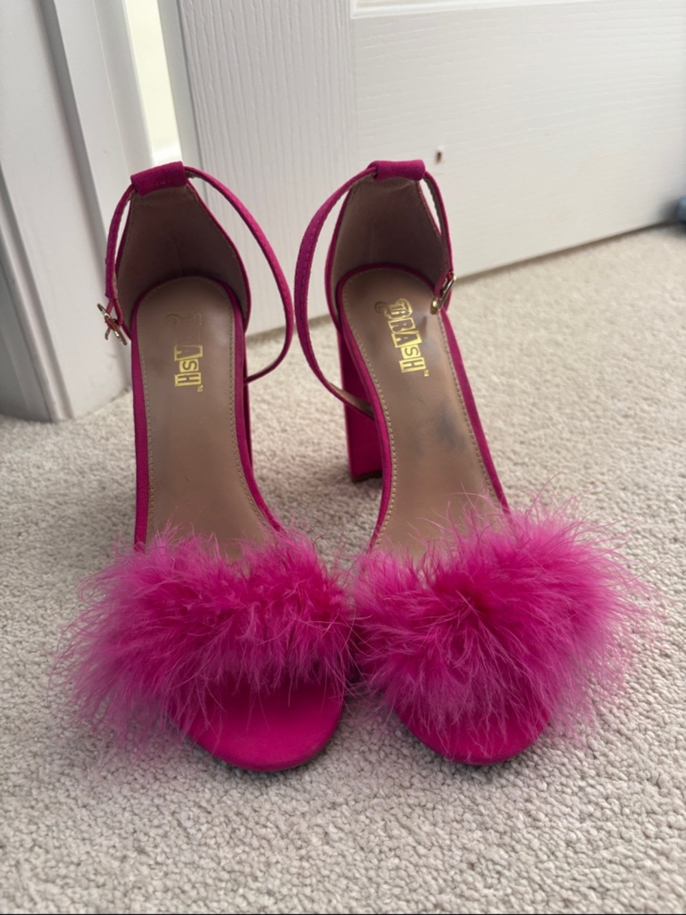 Brash Hot Pink Feathered Block Heel Sandals